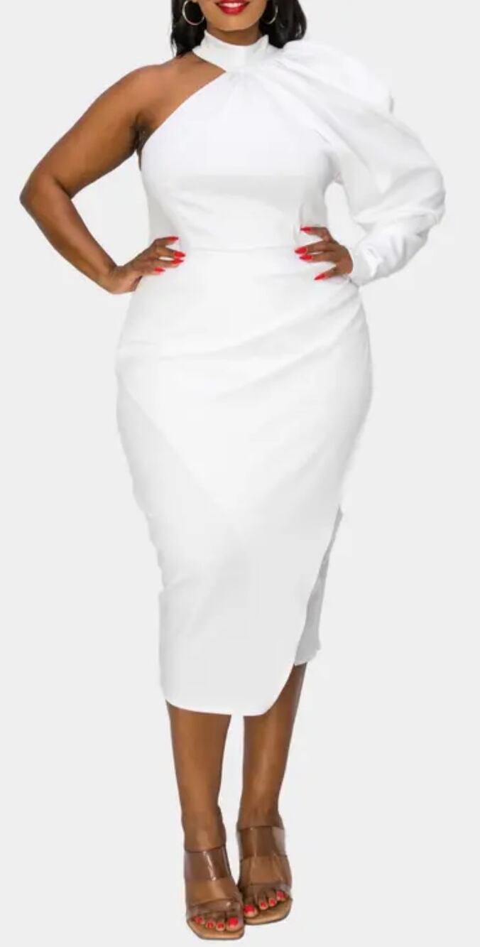 LIVD Unique Vintage White Neoprene Scuba One Shoulder Dress 1X